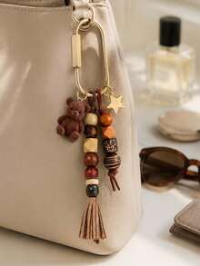Bohemian Beaded Bag Charm, Vintage Beaded Keychain, Cute Bear & Star Pendant, Tassel Bag Charm, Brown Tone Bag Accessory, Neutral Style Wallet Charm, Handbag Accessory, Suitable For Keys, Wallets, Handbags, Fashionista Essential, Gift For Women, Lovers, Family, Friends, Unique Birthday Gift, Holiday Gift, Party Gift, Travel Gift - Multicolor - View 4