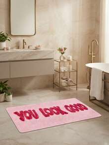 1pc Minimalist Solid Pink Faux Cashmere Letter Print Floor Mat, Soft Absorbent Machine Washable Kitchen Rug, Fresh Entrance Mat, Rectangular Low Pile Holiday Home Decor Mat, Suitable For Living Room, Bedroom, Kitchen, Laundry Room - Baby Pink - View 1