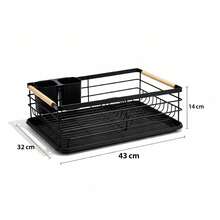 Dish Drying Rack With Drain Tray & Cutlery Holder | Metal Kitchen Dish Rack With Wooden Handles | Black / White / Grey / Beige - View 5
