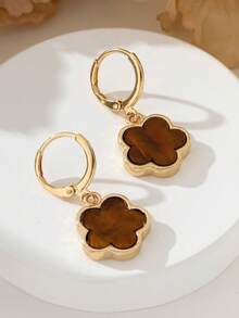 1 Pair Metal Fashion Lucky Sweet Brown Five-Leaf Clover Pendant Earrings Ear Clips - Brown - View 4