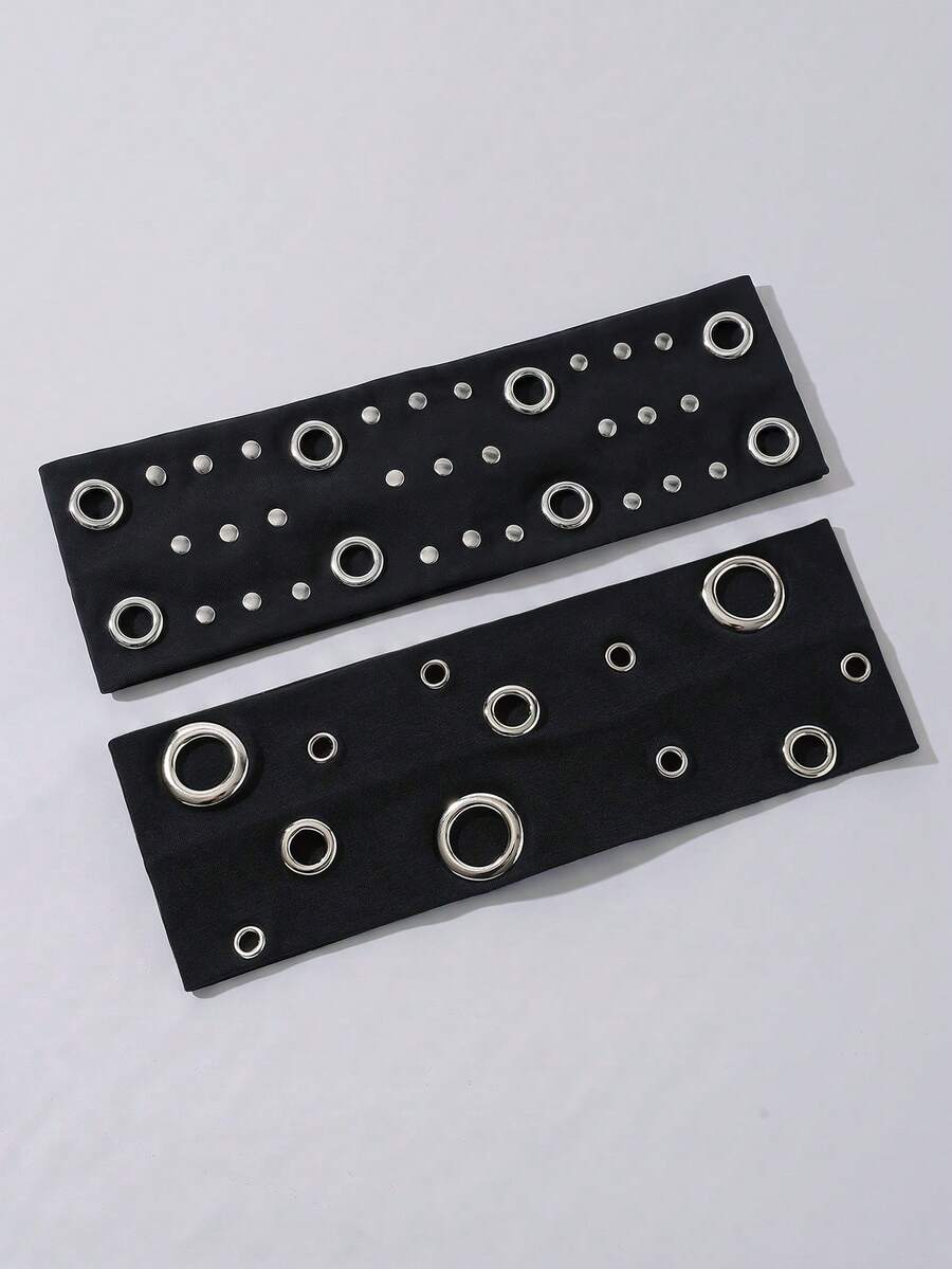 2pcs/Set Fashion Punk Gothic Style Hairband, Soft Non-Slip Elastic Eyelet Hollow Out Beach Holiday Headband, Elastic Yoga Sports Hair Accessory, Versatile For Daily Wear And Multiple Occasions - 黑色 - 查看 1