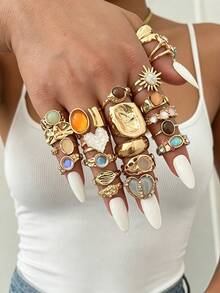 Set de 20/13/6 piezas de anillos vintage elegantes bohemios para mujer, joyería de dedo con gemas de colores irregulares y piedra de ojo de gato, para uso diario, fiesta, vacaciones y regalo - Dorado - Ver 8