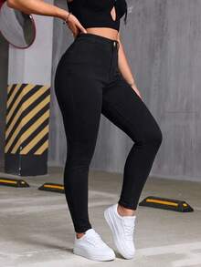 Women's Casual Black Slim Fit Jeans, Button And Zipper Detail Design, Long Length, Medium Stretch, Suitable For Autumn/Winter Wear. - Black - View 5