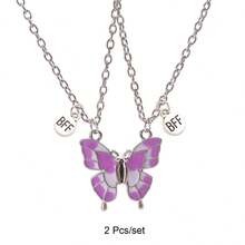 Back To School 2pcs Butterfly Magnetic Pendant Necklace For Girls, Cute Cartoon Colorful Butterfly BFF Necklace, Adjustable Geometric Jewelry Gift, Couple Necklace Accessories - one-size - View 16