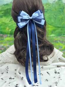 1pc Girls Simple Bow Ribbon Hair Clip, Multi-Layer Ribbon Bow Half-Up Ponytail Hair Clip, Suitable For Daily Wear, Back To School, Matching Outfits - Navy Blue - View 5
