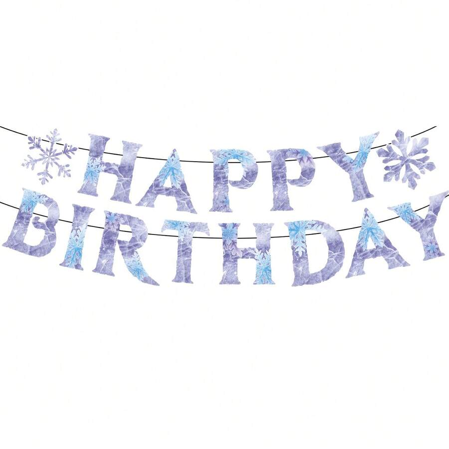 15Pcs Happy Birthday Banner, Purple Ice & Snowflake Themed Paper Garland, Frozen Inspired Party Decor For Indoor & Outdoor Celebrations, Winter Themed Events & Photo Booth Backdrops - View 1
