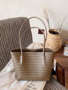 High-End Faux Leather Woven Texture Zipper Tote Bag, Large Capacity Commuter Handbag, Minimalist Versatile 2 Pieces Set Women's Bag - Grey - View 7