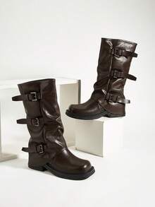 Women's Square Toe Coffee Brown Slip-On Western Style Buckle Mid-Calf Work Boots - Coffee Brown - View 1