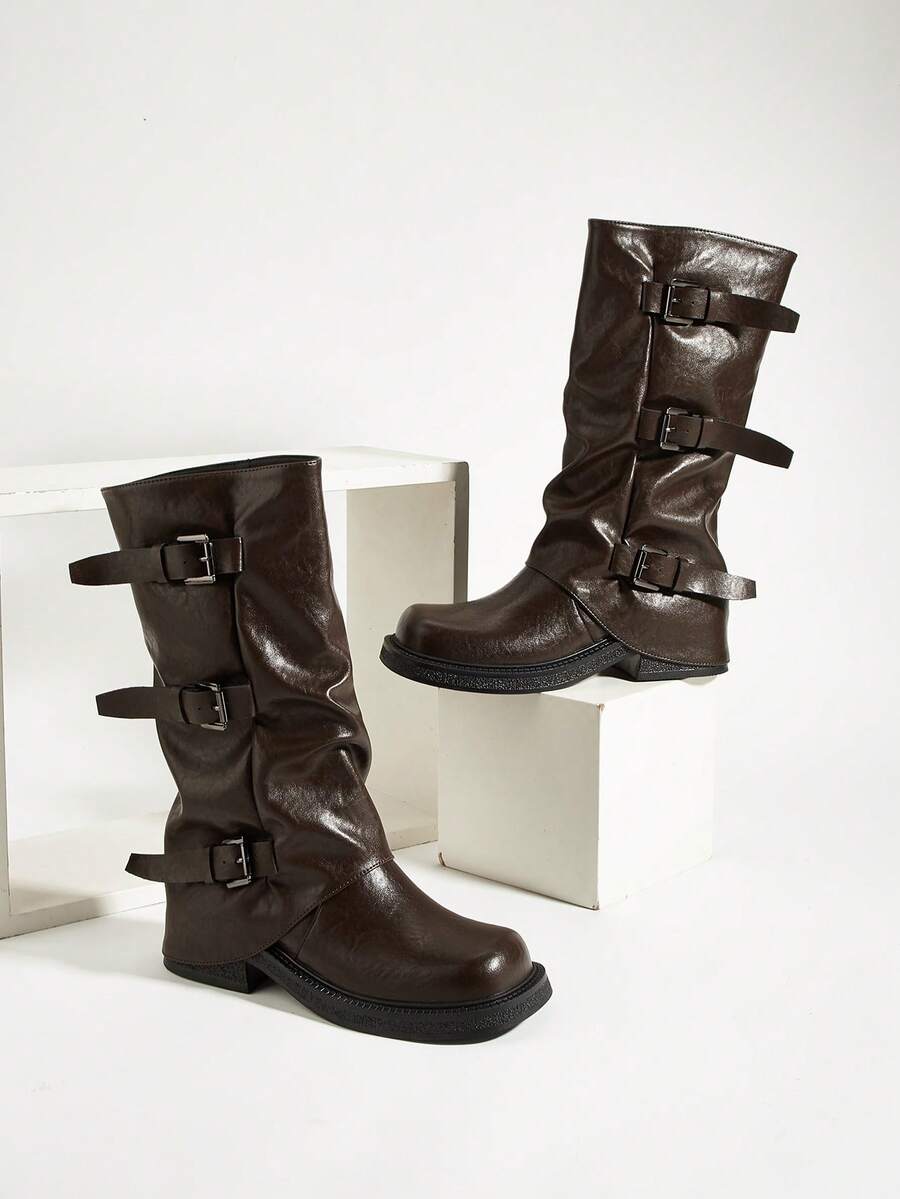 Women's Square Toe Coffee Brown Slip-On Western Style Buckle Mid-Calf Work Boots - Coffee Brown - View 1