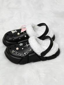 HOEASE Girls' Winter Plush Lined Garden Clogs, EVA Indoor Slippers, Slip-On Design, Comfortable Fabric Material, Ideal Gift For Halloween And Christmas - Black - View 4