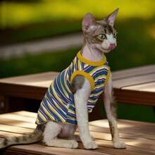 Maillard Color Summer Pet Clothes Hairless Cat Clothes Sphynx Devon Rex Elastic Striped Tank Top - Blue - View 5