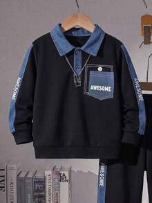 Boys' Collared Half-Open Front Pocket Denim Patchwork Sweatshirt And Letter-Print Denim Patchwork Side Seam Trousers - Black - View 4