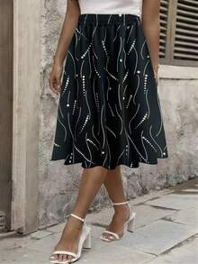 Rok A-Line Selutut Motif Garis dan Polkadot untuk Wanita Ukuran Plus - Hitam - View 4
