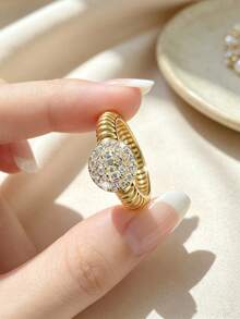 1 pieza Anillo elegante y exquisito de plata de ley 925 con circonita, diseño redondo hueco, para mujer, regalo de fiesta - redondo - Ver 5