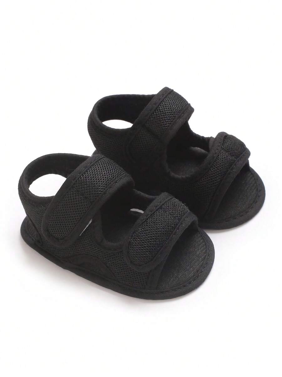 Solid Color Mesh Infant Sandals, Double Hook And Loop, Breathable, Non-Slip Soft Sole, Back Strap, Newborn Summer Anti-Slip Infant Pre-Walker Shoes - Black - View 1