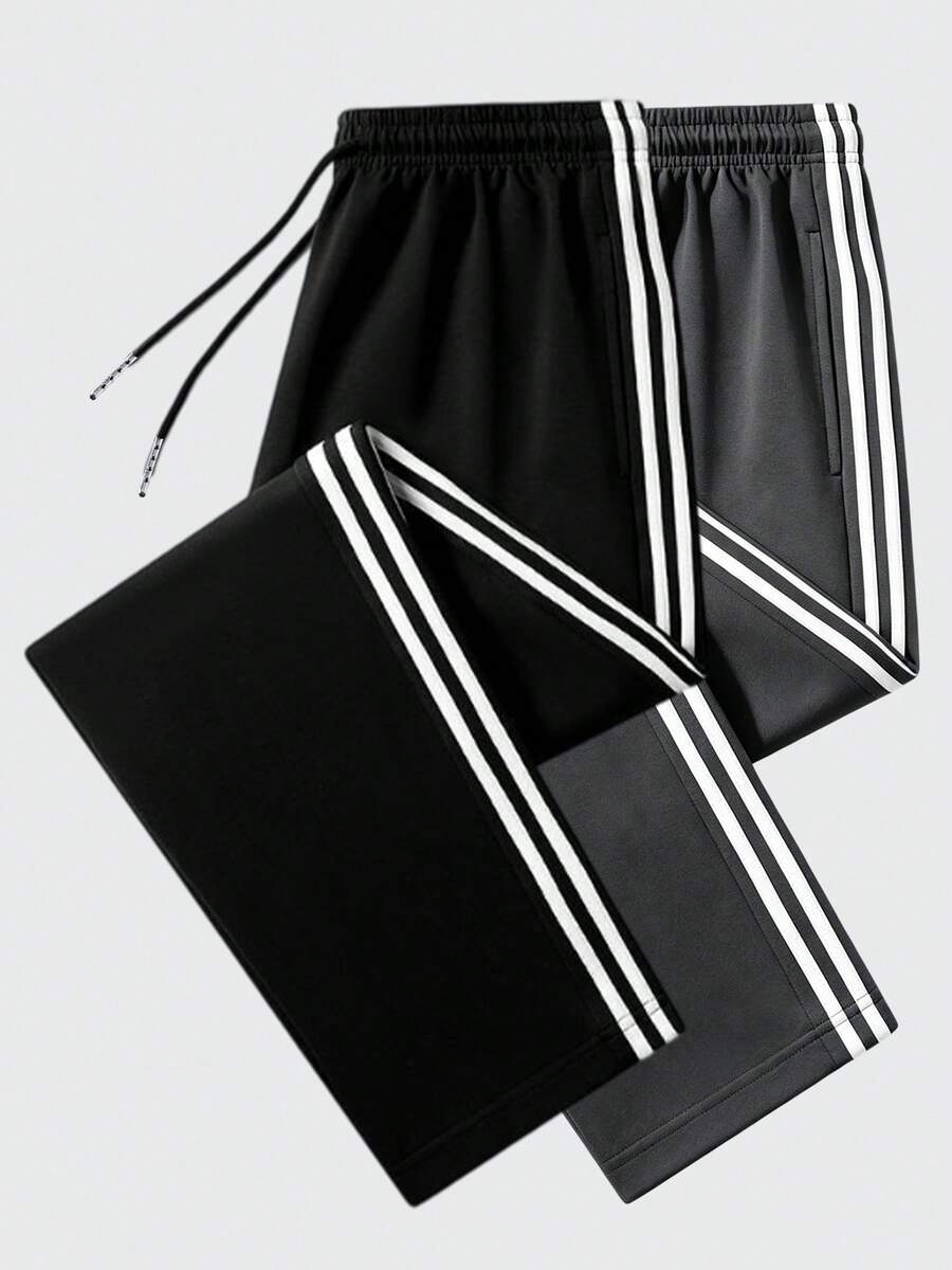 Men's Loose Straight Leg Pants, Classic Double Stripe Design, Elastic Waistband With Drawstring Sports - Black - View 1