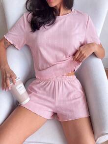 Sweet & Cute Pink Pajama Set, Crew Neck Short Sleeve Top + Shorts, Soft Fabric, Girly Homewear Outfit, 2 Pieces Set - Pink - View 5