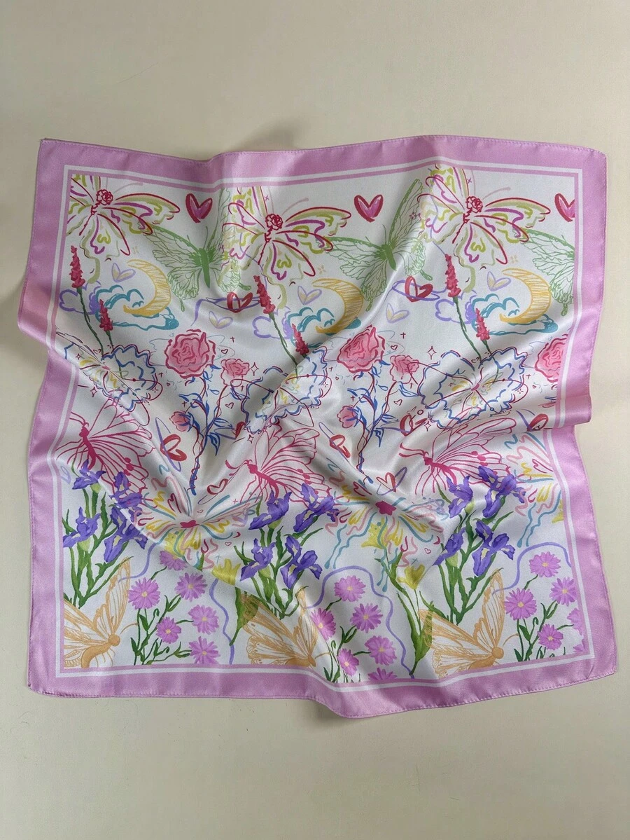 1件女款手繪花卉與蝴蝶印花正方形絲巾,優雅頸巾、頭巾,緞面髮飾 - 粉色 - 查看 1