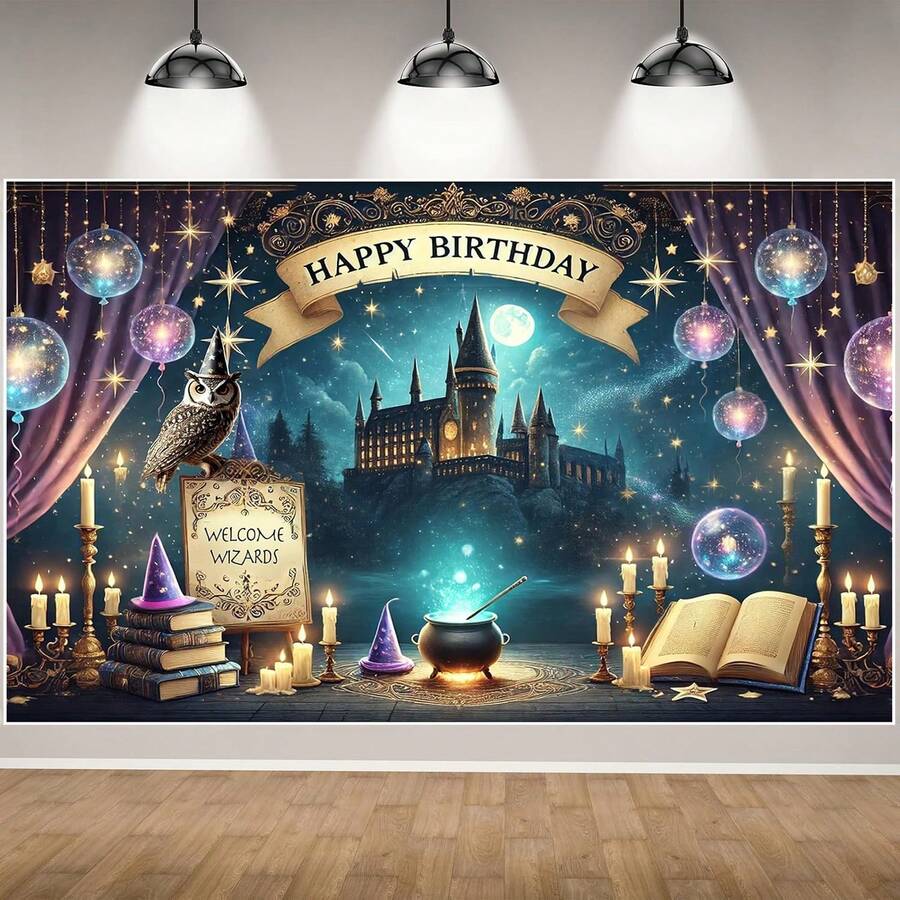 1件巫師生日快樂橫幅 巫師生日快樂背景布 巫師派對裝飾品 魔幻生日裝飾品 魔幻派對裝飾品 巫師背景布 房間裝飾用 - 查看 1