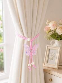2pcs Pink Butterfly Curtain Tiebacks, Pearl Decorated, Adjustable Decorative Rope Curtain Clips, Suitable For Home Curtains, Bedroom, Nursery And Living Room Window Decoration - Multicolor - View 6