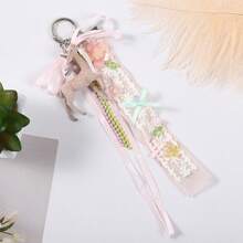 1Pc Cute Deer Keychain Lace Ribbon Beaded Tassel Floral Pendant Back To School Halloween Women Backpack Car Key Charm Gift - Multicolor - View 4