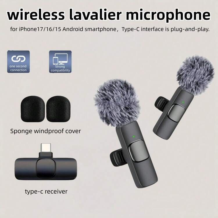 2入無線領夾式麥克風 USB Type-C 即插即用，智慧降噪，適用 17/16/15、Android 智慧手機，搭配 Lightning 轉接頭可相容 iPhone，筆電用無線領夾式麥克風，適合 Vlog、會議、學習、短影片錄製、直播、現場播報，提升音質 - 黑色 - 查看 5
