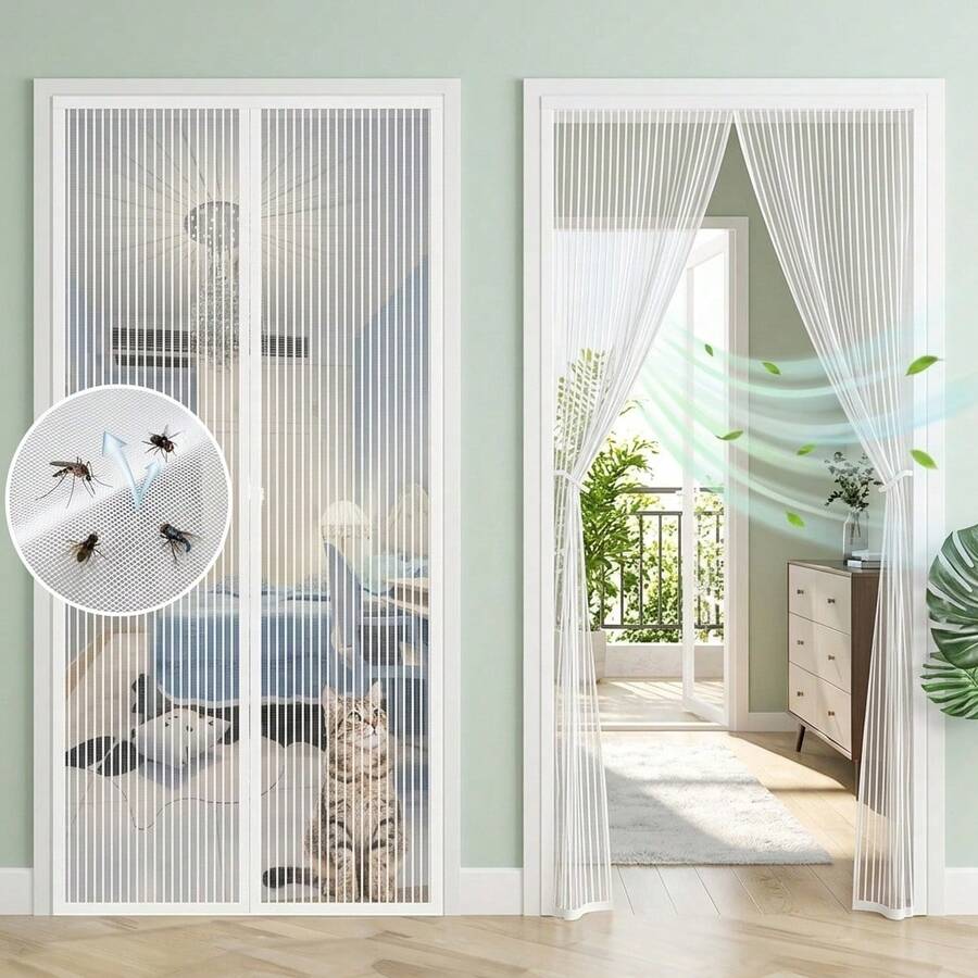 1pc Heavy Duty Magnetic Screen Door With Full Frame Hook And Loop, Polyester Mesh, Promotes Air Circulation, Pet Friendly, Insect Proof