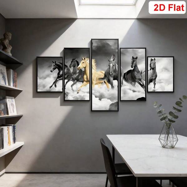 5 peças Arte de Parede em Tela sem Moldura com Cavalos Dourados, Impressão de Pôster Pintada à Mão com 6/7 Cavalos Coloridos a Galopar, Decoração de Parede Animal Elegante, Adequada para Sala de Estar, Quarto e Escritório, Peça de Arte Clássica para Casa, Presente Perfeito de Inauguração e Feriado