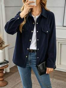 Women's Autumn/Winter Corduroy Solid Color Shirt - Navy Blue - View 2