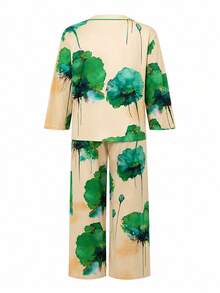 Conjunto de top de cuello redondo y pantalones con estampado energético para mujer de talla grande, elegante - Verde - Ver 2