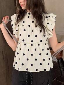 Sweet Polka Dot Cap Sleeve Blouse, Summer Unique Design Frill Trim Loose Casual Top For Women - Apricot - View 7