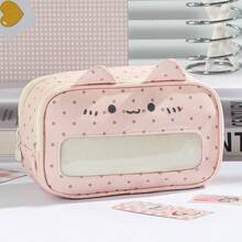 1pc Large Capacity Cat Pen Bag Pencil Case, Adorable Mint Kitten Design With Raised 3D Ear, Clear Visible Front Can Display Pins, Badges And Small Cute Ornaments Freely, School Stationery Pouch For Students, Back To School - Multi Colors - View 11