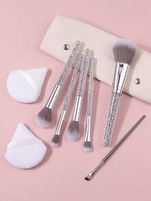 9pcs Makeup Brush Set With Makeup Sponges + PU Storage Bag, Compact All-In-One Daily Face And Eye Makeup Application Tools - Silver - View 3