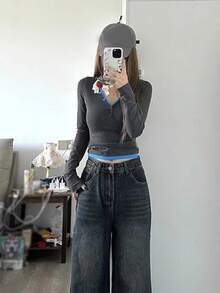 Patchwork Versatile Long Sleeve T-Shirt Women's New Slim Fit Base Layer Top - Grey - View 2