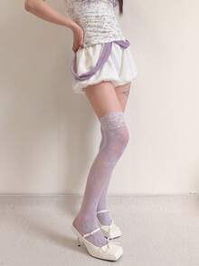 1 Pair New Spring/Summer Taro Purple Floral Lace Trim Slouchy Over-The-Knee Thigh High Socks, Rose Sexy Ballet Style Boot Socks - Multicolor - View 7