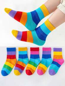 5 Pairs Girls Rainbow Color Block Knit Socks, Comfortable Breathable Soft Mid-Calf Socks, Suitable For Outdoor Wear, Back To School - Multicolor - View 8