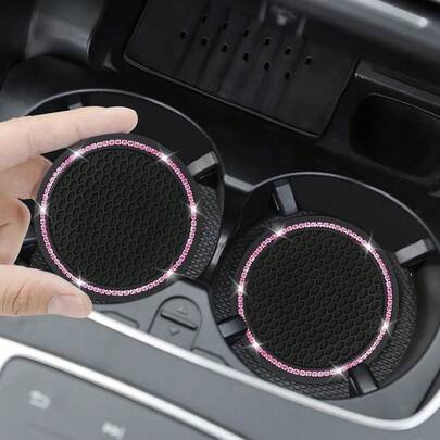2 stuks auto bekerhouder onderzetters, ronde roze strass decoratie, antislip siliconen bekeronderzetters
