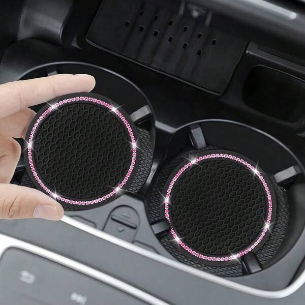 2 stuks auto bekerhouder onderzetters, ronde roze strass decoratie, antislip siliconen bekeronderzetters