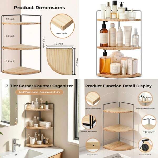 Organizador de Encimera de Baño de 3 Niveles de Esquina de Madera Maciza + Soporte de Metal, Organizador de Encimera de Baño para Cuidado de la Piel, Maquillaje y Tocador, Almacenamiento Rústico Ahorrador de Espacio para Fregadero, Cocina y Baño
