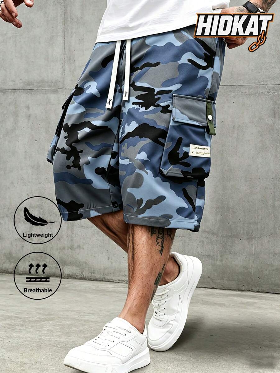 Hidkat Men's Summer/Autumn Camouflage Capri Cargo Pants, Lightweight Multi-Pocket Elastic Waist Drawstring Casual Sports Long Pants For Daily Outdoor