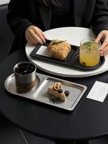 1pc European Luxury Stainless Steel Plate, Vintage Court Style Rectangular Dinner Plate, Ins Style Cake Plate, Exquisite Afternoon Tea Dessert Tray - Multicolor - View 2