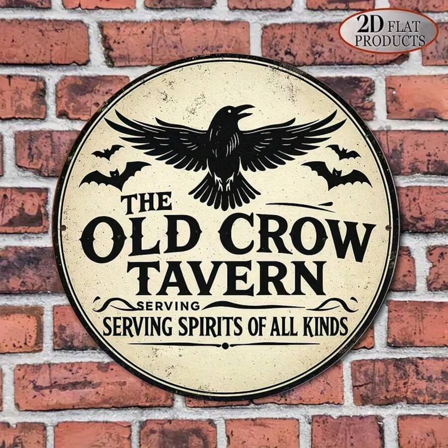 2D Flat - A Vintage French "Old Crow Tavern" Wooden Wall Halloween Decoration, Featuring Crow And Bat Designs With Gothic Lettering - Made Of Wood, Suitable For Indoor/Outdoor Use, Perfect For Home, Cafe