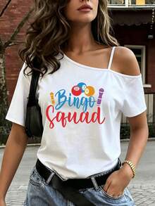 Women Asymmetric Strap Cold Shoulder T-Shirt, Bingo Squad Colorful Bingo Balls Print Off Shoulder Short Sleeve Tee Casual Game Night Party Graphic Top - White - View 1