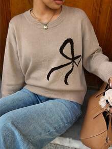 女款柔軟針織長袖圓領蝴蝶結裝飾毛衣，時尚秋冬針織上衣 - 卡其色 - 查看 9