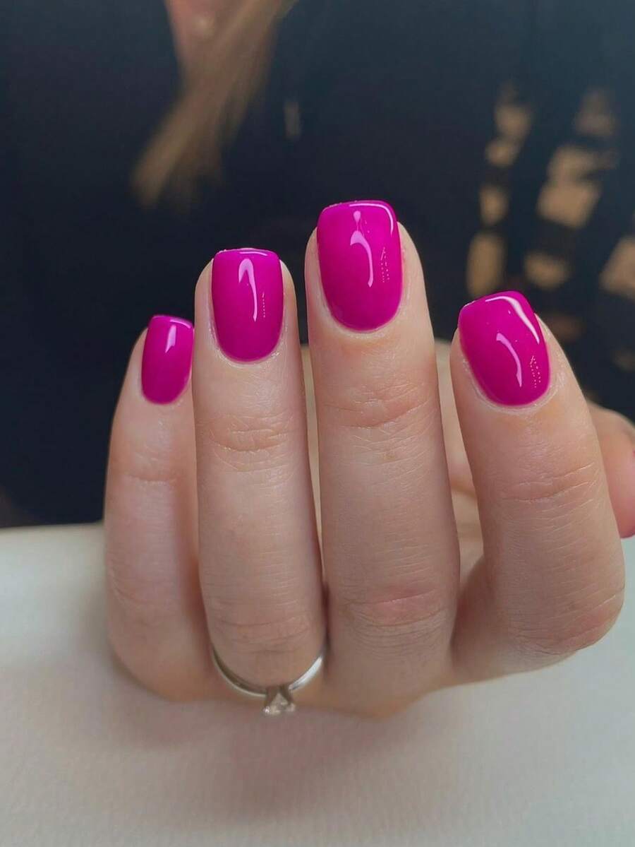 Bright Pink Nail Stickers, Eye-Catching Pink Nail Stickers Suitable For Short Nails, Short Nail Dedicated False Nails, Pink Square False Nails, Women's Solid Color Nails, 24 Pieces