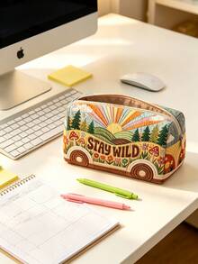 Campus Style 2D Flower Bus Pattern Pencil Case/Stationery Storage Bag - Multi-Functional Large Capacity Design, Can Be Used To Store Office Supplies, Creative Multi-Purpose Pen Box Or Portable Travel Makeup Bag, Suitable For Students And Adults Daily Use, Meets Stationery Storage, Daily Organization, Overnight Travel, Vacation And Gym Storage Needs, Back To School Dorm Essential (2D Pattern, Not Embroidered) - Multicolor - View 3