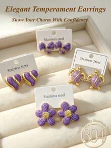 6/3 Pairs Summer Women's Gold Earrings, Fashionable Personalized Earrings. Purple Series, Including Bow, Flower, Turtle, Geometric Shapes. Stainless Steel Material, Low Hypoallergenic. Cute Accessories, Suitable For Women's Daily Wear. Suitable For Summer Travel And Vacation Wear, Best Gift For Family And Friends - Oil Dripping Kit - View 3