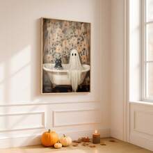 1pc Frameless Halloween Ghost Cat Bubble Bath Pattern Horror Bathroom Wall Art Poster, Aesthetic Apartment Living Room Bedroom Decor, Back To School Personalized Poster, Dorm Essentials - Frameless - View 2
