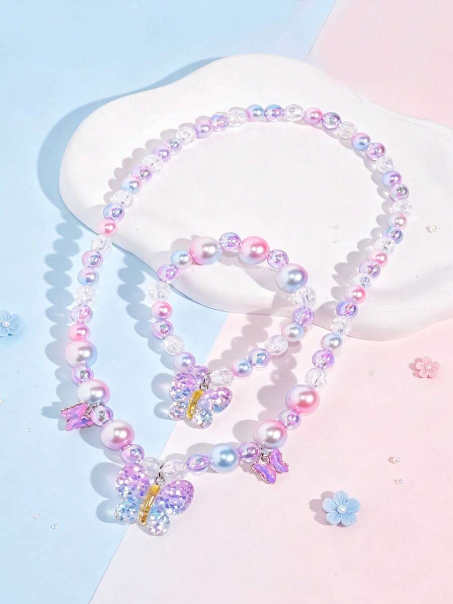 2pcs/Set Sweet Bow Pendant Children's Jewelry Necklace Bracelet Cute Jewelry Accessories Girls Birthday Party Gift - Multicolor - View 1