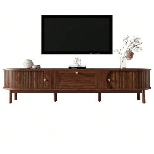 Modern Solid Wood TV Stand With Drawers, Classic Rounded Corners, Sturdy Wooden Legs, TV Cabinet With Storage For The Living Room. - 棕色 - 查看 1